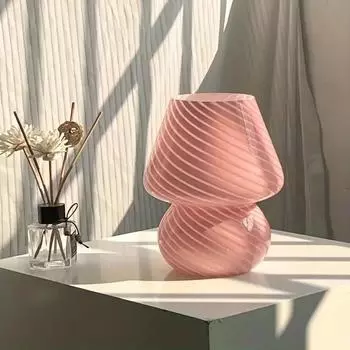 Симпатичные стеклянные лампы для спальни, прикроватные лампы, винтажный полосатый декор в виде маленького гриба, рассеянный свет, атмосфера гостиной, настольная лампа