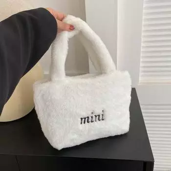 Симпатичные сумки-ведра из искусственного плюша, осенне-зимняя мягкая пушистая сумка с верхней ручкой, женская маленькая сумка-тоут, женская повседневная сумка через плечо 21x9x17cm белый