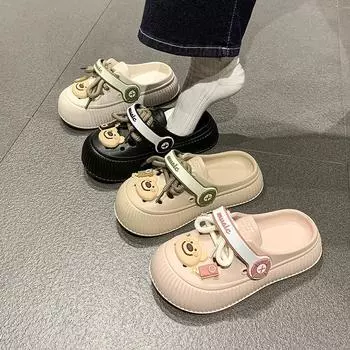 Симпатичные тапочки-мешки на шнуровке, мультяшные, новые универсальные туфли на платформе, водонепроницаемые, летние, ретро, модные, повседневные туфли с отверстиями 36 чёрный