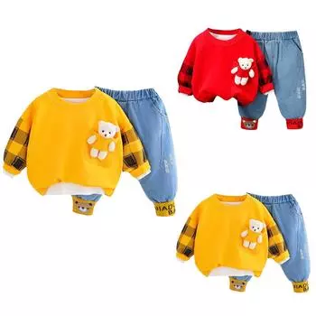 Симпатичные топы с принтом + штаны для маленьких девочек и мальчиков, пижамный спортивный костюм, комплект одежды 80-8-M красный