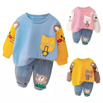 Симпатичные топы с принтом + штаны для маленьких мальчиков и девочек, пижамный спортивный костюм, комплект одежды 70 синий/белый