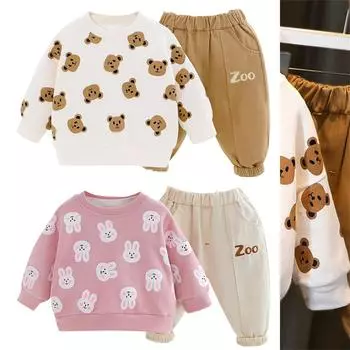 Симпатичные топы с принтом + штаны для маленьких девочек и мальчиков, пижамный спортивный костюм, комплект одежды 70-6-S розовый