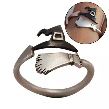 Симпатичные женщины Хэллоуин шляпа ведьмы метла открытый палец кольцо регулируемый подарок ювелирных изделий US 7 серебряный