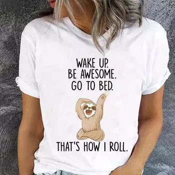 Симпатичные женские футболки с принтом «Wake Up Be Awesome Go To Bed», летние милые повседневные футболки с короткими рукавами, забавные топы с круглым вырезом для женщин XXS чёрный