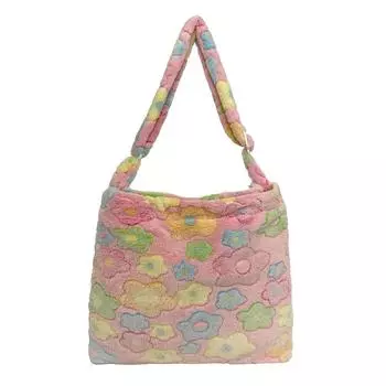 Симпатичные женские плюшевые сумки через плечо с цветочным принтом, большие сумки (розовый) #H1