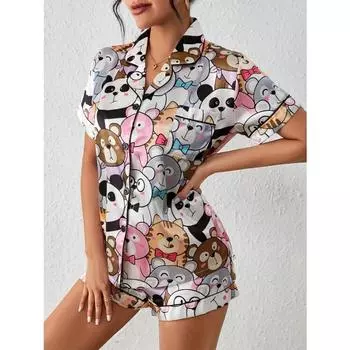 Симпатичный атласный пижамный комплект с принтом из мультфильмов, короткий рукав, пуговицы, лацканы, топ и эластичные шорты, женская одежда для сна S