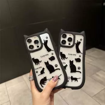 Симпатичный чехол с 3d кошачьими ушками и рисунком черного кота для iPhone 15 Pro Max 14 Plus 13 12 Pro 11, универсальный защитный чехол от падения iPhone 15 Pro Max