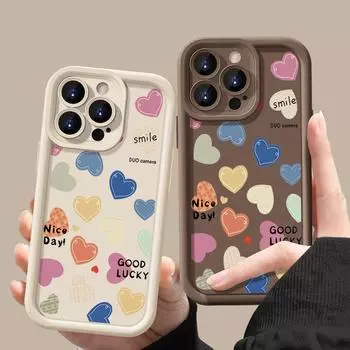 Симпатичный цветной матовый противоударный чехол для телефона с принтом сердец любви для iPhone 16 Pro Max 15 Pro 14 Plus 13 12 11 XR XS 8 7, защита объектива, мягкий бампер из ТПУ iPhone 16 чёрный