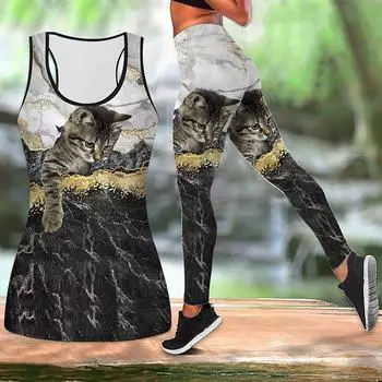Симпатичный комплект для йоги с принтом маленькой кошки для женщин, модные леггинсы для тренировок, фитнес-спорт, повседневные штаны для йоги XS синий