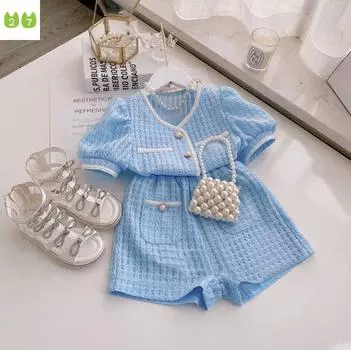 Симпатичный костюм для девочек, повседневный комплект из топа и шорт, состоящий из двух предметов 100cm синий