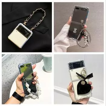 Симпатичный кожаный браслет-цепочка с бусинами, медведем и цветком, чехол для телефона для Samsung Galaxy Z Flip 4 Z Flip 3, прозрачный противоударный Z-откидной чехол Para Galaxy Z Flip 4