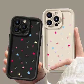 Симпатичный матовый чехол для телефона TPU с рисунком маленьких звезд для iPhone 16 Pro Max 15 Pro 14 Plus 13 12 11 XR XS 8 7, защита объектива, противоударная мягкая задняя крышка iPhone 16 чёрный