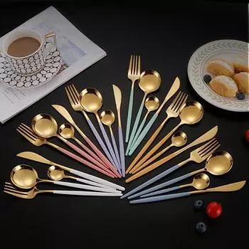 Симпатичный набор столовых приборов из 4 предметов, красочный шлифованный португальский нож из нержавеющей стали, вилка, ложка, чайная ложка, подарочный набор столовых приборов в западном стиле с ножом для стейка розовый/серебряный