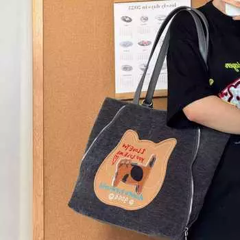 Симпатичный рюкзак с вышитым изображением бисквитного кота, женская сумка через плечо в стиле ретро, большая вместимость, сумка-тоут для поездок на работу и обратно коричневый