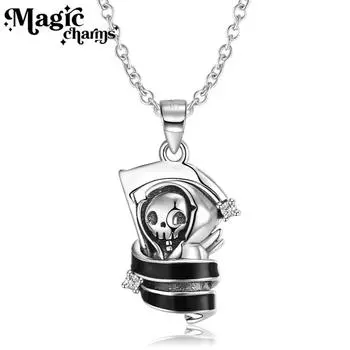 Симпатичный серп и череп кулон S925 Серебряная эмаль Простая личность Хэллоуин ожерелье подарок