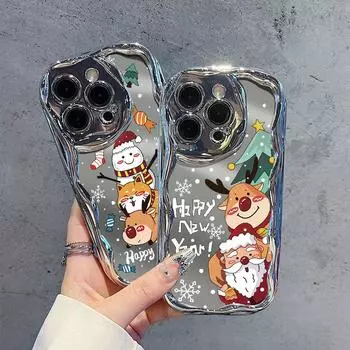 Симпатичный зеркальный противоударный чехол с рождественским узором для iPhone 15 Pro Max 14 13 Pro 12 11, волнистая рамка, защита объектива, глянцевое покрытие, мягкая обложка iPhone 15