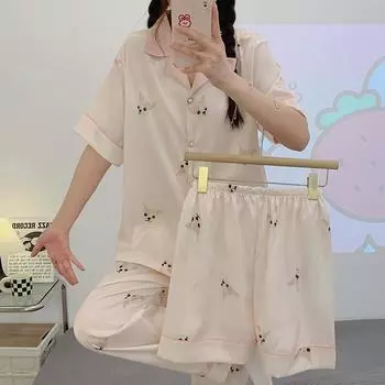 Симпатичный женский пижамный комплект из искусственного шелка и атласа, застегивающийся на пуговицы, топ, штаны, шорты, 3 предмета, пижамы с V-образным вырезом, домашняя одежда для лета L