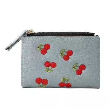 Женский складной кошелёк из синтетической кожи с вышивкой Вишни зелёный