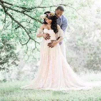 Симпатичный!Женское кружевное платье с короткими рукавами для беременных, платье с длинной юбкой S синий