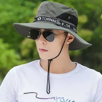 Simple Adjustable Outdoor Climbing Letter Mesh Bucket Hat Cotton Large Brim Cap Man Sun Hat зелёный