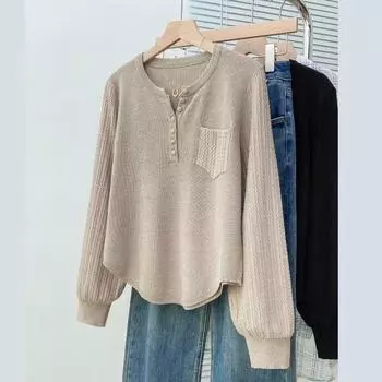 Simple and casual slack solid color loose round neck long-sleeved knitted sweater women s autumn new versatile commuter top tide S/80-95 хаки