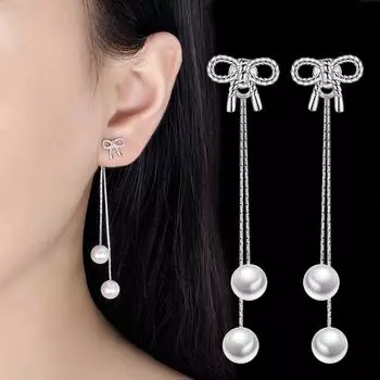 Простые и модные серьги-гвоздики в форме бантика, милые длинные серьги с искусственным жемчугом и бахромой, серьги, украшения для ушей.