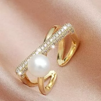 Simple and fashionable commuter style ring women s pearl inlaid zircon ring open ring fashion temperament niche Opening adjustable