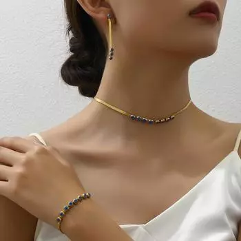 Simple and high-end retro bracelet, stud earrings, necklace set, versatile oil drip design, collarbone chain jewelry, fashionable