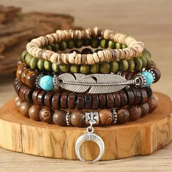 Simple and Stylish Bohemian Feather Crescent Wood Beaded Bracelet Bracelet Jewelry разноцветный
