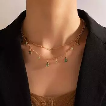 Simple and Stylish Green Diamond-encrusted Water Drop Necklace Alloy Chain Water Diamond Neck Chain