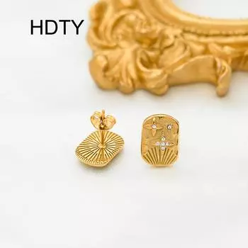 Simple and stylish square tetragonal star inlaid zircon stud earrings 18k gold titanium steel temperament niche earrings that do not fade золотой