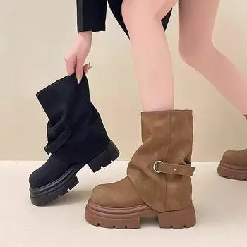 Simple and versatile thin trousers Martin boots women s autumn 2024 new niche design thick-soled heightening short boots 35 чёрный