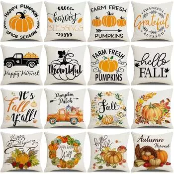 Simple Autumn Pillow Peach Velvet Linen Printed Pumpkin Harvest Pillow Cover Home Cushion Cover Does Not Include Pillow Core 45*45cm