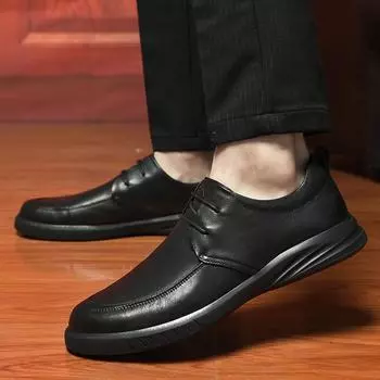 Simple Black Sneakers Casual Leather Shoes Leather Men Sneakers Black Male Leather Shoes Anti Slippery Flats Shoes 2024 New 38 чёрный