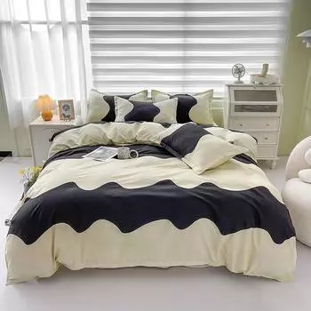 Simple Black White Ripples Duvet Cover Set Japanese Style Quilt Cover with Pillowcases 3Pcs Soft Comfortable Queen Bedding Set 150x200cm Single 3Pc