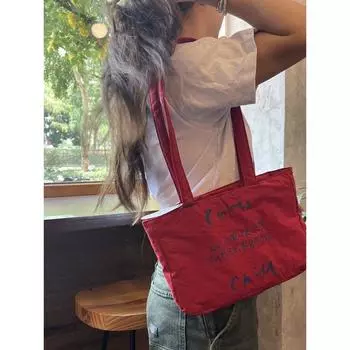 Simple Casual Letter Canvas Bag Women Korean Series Idle Style Red Shoulder Handbag Commuter Versatile Underarm Bag Red
