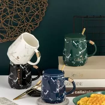 Simple Ceramic Mug with Marble Pattern 400ml Drinking Cup with Spoon Couples, Student Gift Coffee Cup, Breakfast Milk Mugs 400ml