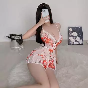 Простое удобное сексуальное глубокое V искушение милый принт сарафан на бретелях передняя застежка ночная сорочка женская S