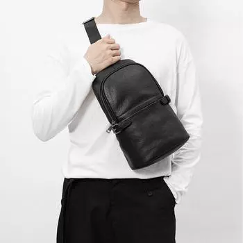 Simple Genuine Leather Chest Bag for Men Summer Fashion Business Casual Shoulder Bag Top Layer Cowhide Convenient Crossbody Bag чёрный