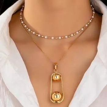 Simple Geometric Round Ball Niche Design Double-layer Necklace Women s Football Pearl Handmade Chain Stacked Collarbone Chain