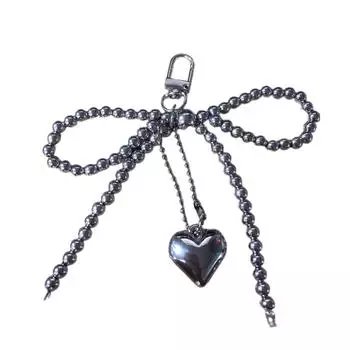Simple Heart Beaded Bowknot Charm Keychains Sweet Pendant Hanging Ornament Keyring Backpack Decoration for Women Girl серебряный