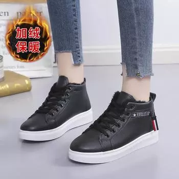 Simple High Top Snow Boots 2024 Winter New PU Fabric Plush Flat Bottom Sports Vulcanized Shoes Zapatos De Mujer Platform Trafza 35 чёрный