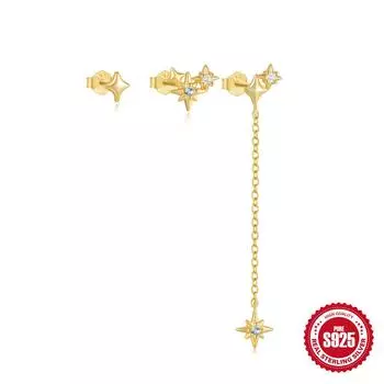 Simple Ins Wind S925 стерлингового серебра Octagram набор из трех серег-гвоздиков с бриллиантовой цепочкой кисточки тонкие серьги 925 Silver