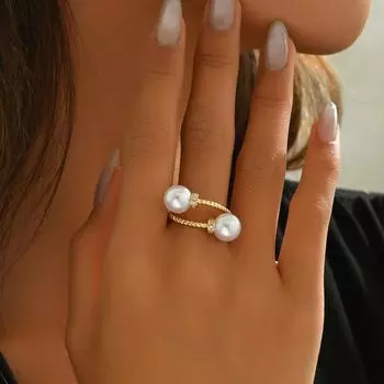 Simple Japanese and Korean Xiaoxiangfeng women s ring geometric thread design inlaid zircon pearl open ring versatile jewelry