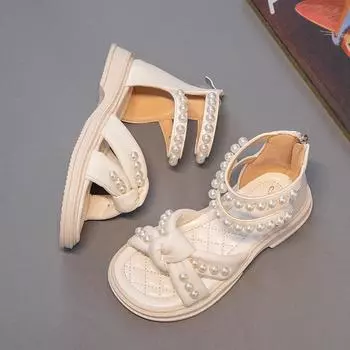 Simple Kids Sandals Girls Pleated Chic 2024 Summer New Soft Children Fashion Casual Shoes GLADIATOR for Party Wedding Shows PU 26 бежевый