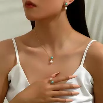 Simple literary and retro style earrings necklace ring set niche inlaid pearl stud earrings versatile ring jewelry