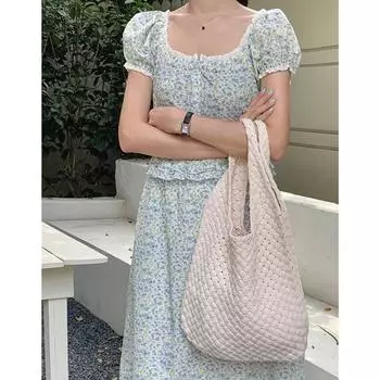 Простая литературная и универсальная версия вязаной сумки через плечо большой вместимости сумка-тоут ретро однотонная плетеная сумка для покупок 48*33*2.5 абрикосовый