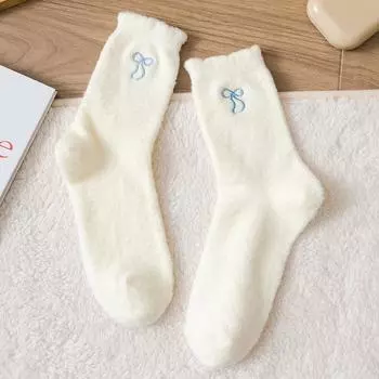 Simple Lovely Cozy Hairy Mink Velvet Bow Socks Autumn Winter Hosiery Thickened Plush Warm Sleep Home Fluffy Socks синий