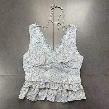 Simple Original French Pastoral Style Front and Rear Deep V Eyelash Edge Elastic Waist Sleeveless Floral Tops Chiffon Blouses for Women Tops Women Blue Floral XL