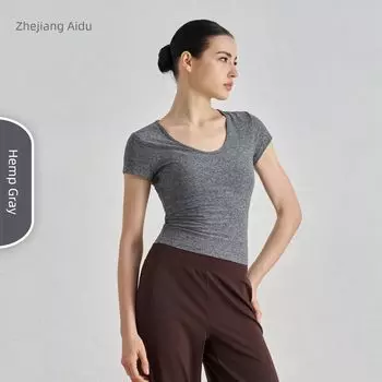 Simple Pilates Sports Top Short sleeve Nude Feel Leisure Yoga Clothes High Sense Waist Hugging Slimming Fitness T-shirt Women Hemp gray HempGray M/6
